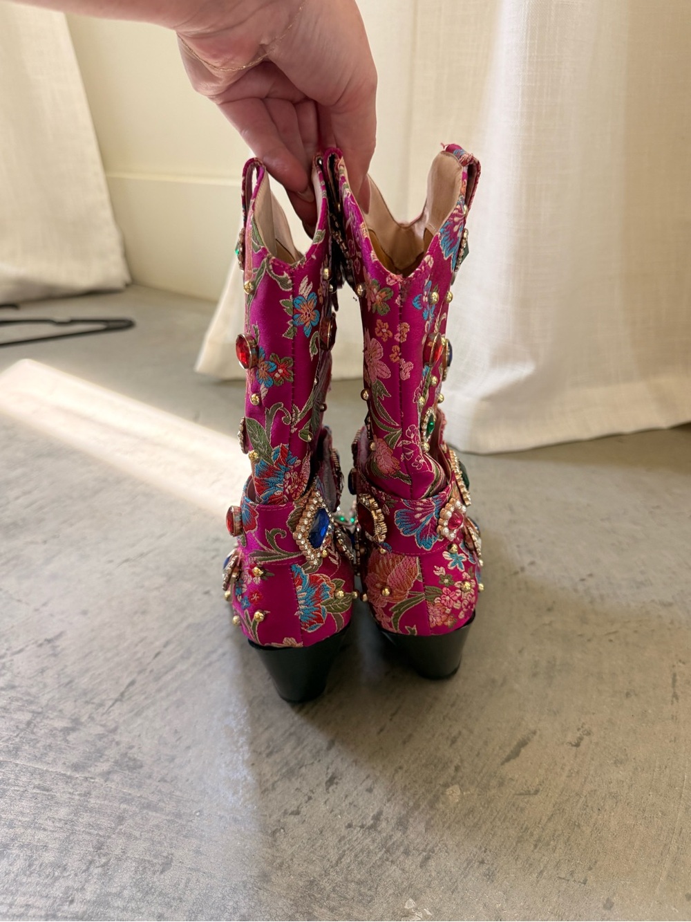 Fuchsia Embroidered Mid-Calf Western Boots with Jewel Accents - Picture 5 of 8
